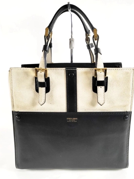Giorgio Armani Handbags - Giorgio Armani Black and Cream Two-Tone Leather Tote with Gold Hardware
